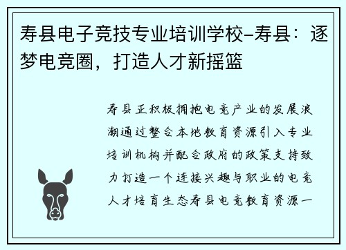 寿县电子竞技专业培训学校-寿县：逐梦电竞圈，打造人才新摇篮